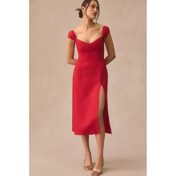 Women's Reformation Bridgton 100% Linen Midi Dress size 12 in Cherry Red Holiday - Picture 1 of 5
